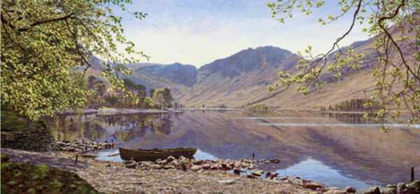 classic lake district view of buttermere from dalegarth over the still water towards high crag and haystacks with shoreline and rowboat in the foreground by lake district artist keith melling