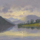 Print by Lake District artist Jeff Sudders. Evening at Buttermere - A beautiful sunset of the Lake in purple and cream hues.