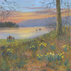 Print by Lake District artist Jeff Sudders. It's a Wonderful World - Ambleside. A couple sit on a bench admiring Windermere from Waterhead during a Spring sunset with daffodils dotted around.