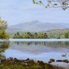 classic summery lake district view looking over a peaceful rydal water towards Heron Island and Silver Howe by lake district artist keith melling