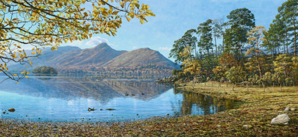 classic lake district view of derwentwater from the base of walla crag looking over to catbells and maiden moor in the background by lake district artist keith melling