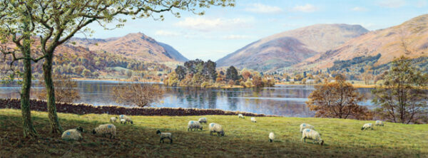 classic lake district view of grasmere water from dale end looking over the island towards helm crag and seat sandal by lake district artist keith melling