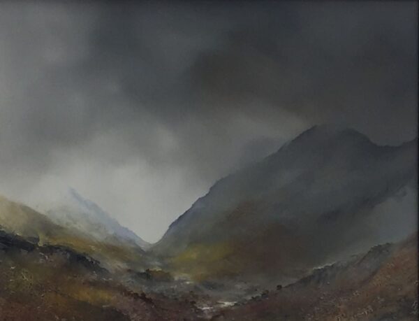 original mixed media painting of the River Blea - Langdales in the lake district by peter dworok featuring a textured landscape and moody skies