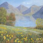 Print by Lake District artist Jeff Sudders. Springtime by Wastwater features Yewbarrow - Great Gable and Lingmell in the distance. Bright yellow Spring daffodils bloom under bright blue skies