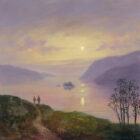 Print by Lake District artist Jeff Sudders. The Happy Wanderers - Ullswater. A couple stroll hand in hand along a mountain trail as the sun sets over the Lake.