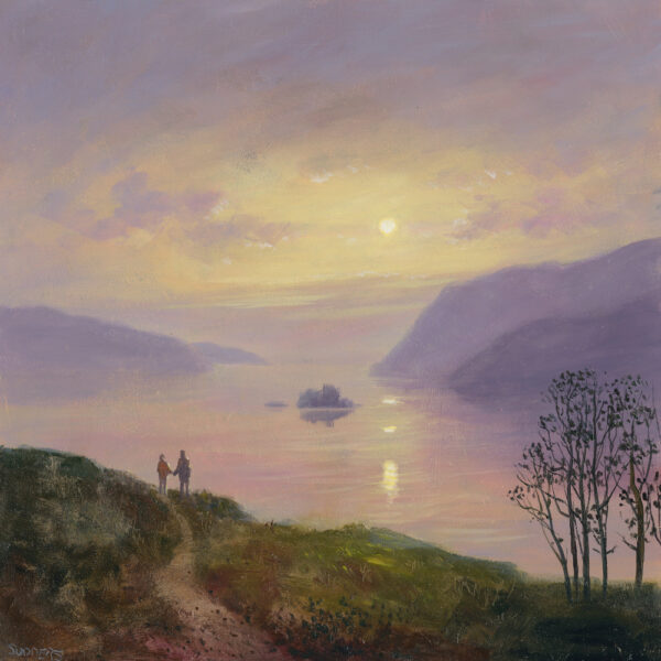 Print by Lake District artist Jeff Sudders. The Happy Wanderers - Ullswater. A couple stroll hand in hand along a mountain trail as the sun sets over the Lake.