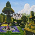 quirky contemporary lake district art by anne blundell featuring a grand garden scene with perfect hedges and purple/blue flowers. Towering Topiary - Levens