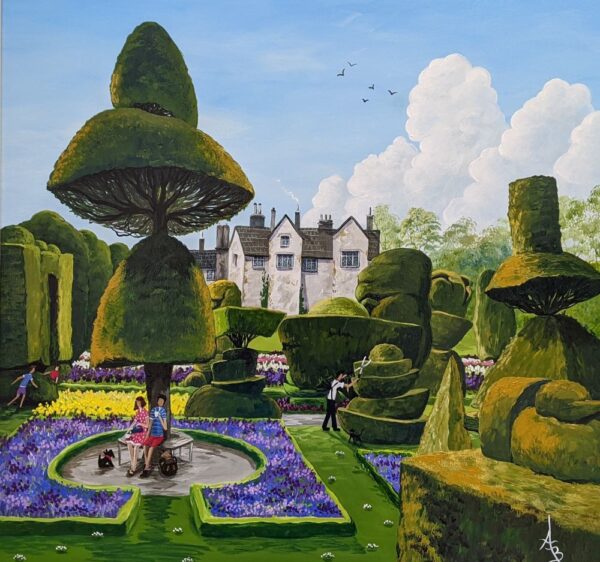 quirky contemporary lake district art by anne blundell featuring a grand garden scene with perfect hedges and purple/blue flowers. Towering Topiary - Levens
