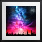 original mixed media painting on glass by richard king of colourful skies and silhouetted trees framed in black