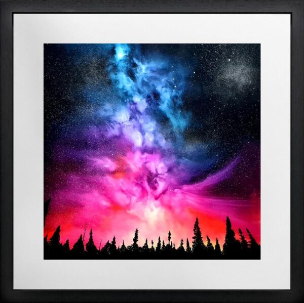 original mixed media painting on glass by richard king of colourful skies and silhouetted trees framed in black