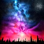 original mixed media painting on glass by richard king of colourful skies and silhouetted trees