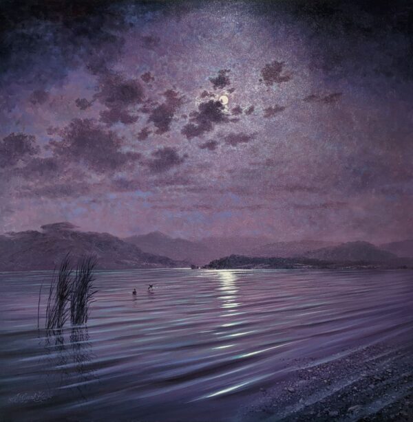 atmospheric twilight moody original oil painting of ullswater in the lake district art by andrew grant kurtis with lilac and turquoise hues