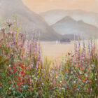 Lake District art print Colourful Shoreline Derwentwater by Jeff Sudders of beautiful wild flowers on the shore with lake and mountains near Keswick looking towards Borrowdale.