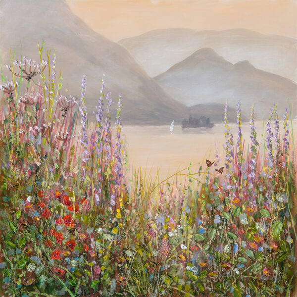Lake District art print Colourful Shoreline Derwentwater by Jeff Sudders of beautiful wild flowers on the shore with lake and mountains near Keswick looking towards Borrowdale.