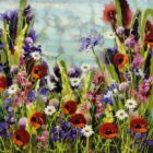 Dancing in the Breeze an original mixed media painting by Rozanne Bell. A bright colourful floral scene with glitter within the resin. There are poppies daisies and many more.