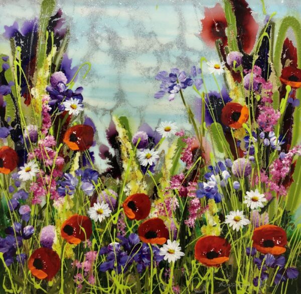 Dancing in the Breeze an original mixed media painting by Rozanne Bell. A bright colourful floral scene with glitter within the resin. There are poppies daisies and many more.