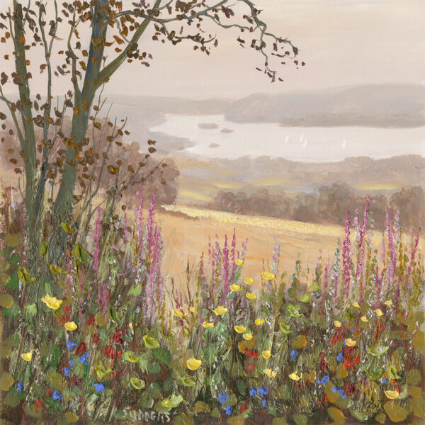 Lake District art Print by Jeff Sudders Hedgerow by Windermere features a misty landscape with a floral foreground looking down over the southern end of Windermere