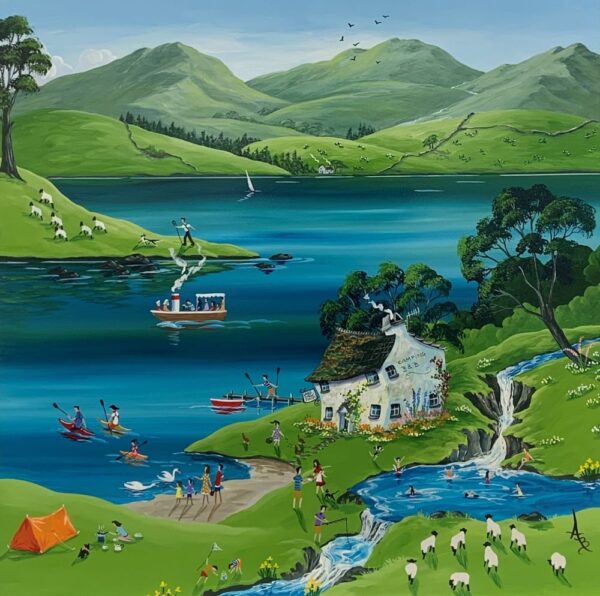 Lakeland holiday is an original acrylic painting by Anne Blundell inspired by the Lake District. Featuring wild swimmers - herdwick sheep - campers - a waterfall - sail boats and much more.