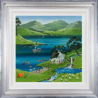 Lakeland holiday is an original acrylic painting by Anne Blundell inspired by the Lake District. Featuring wild swimmers - herdwick sheep - campers - a waterfall - sail boats and much more.