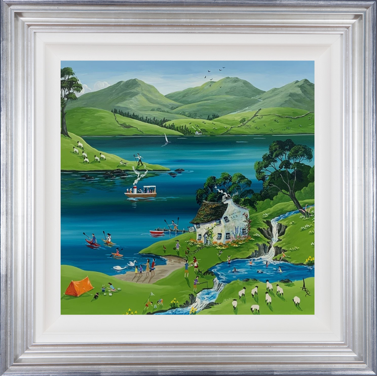 Lakeland holiday is an original acrylic painting by Anne Blundell inspired by the Lake District. Featuring wild swimmers - herdwick sheep - campers - a waterfall - sail boats and much more.