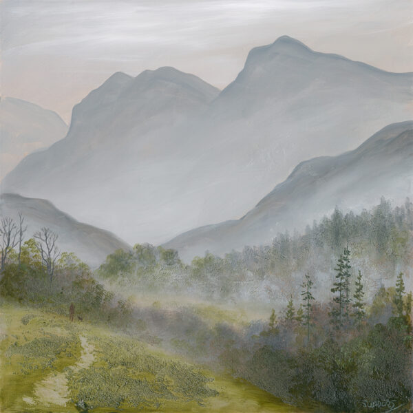 Print by Lake District artist Jeff Sudders. Misty Langdale features the iconic Langdale Pikes visible from Windermere - Elterwater - Ambleside and it's surrounding valleys.