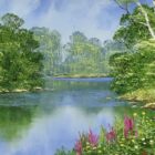 Riverside Path an original oil painting by Terry Evans. A beautiful summer scene featuring a river with beautiful wild flowers and lush green foliage either side.