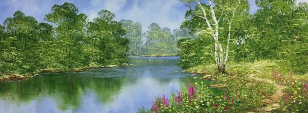Riverside Path an original oil painting by Terry Evans. A beautiful summer scene featuring a river with beautiful wild flowers and lush green foliage either side.