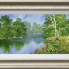 Riverside Path an original oil painting by Terry Evans. A beautiful summer scene featuring a river with beautiful wild flowers and lush green foliage either side.