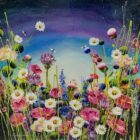 Summer Meadow an original mixed media painting by Rozanne Bell. A bright colourful floral scene with glitter within the resin. Bees are busy among the daisies and other pink & purple flowers
