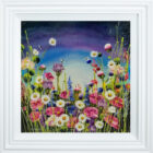 Summer Meadow an original mixed media painting by Rozanne Bell. A bright colourful floral scene with glitter within the resin. Bees are busy among the daisies and other pink & purple flowers