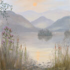 Lake District art Print by Jeff Sudders Thistles on the Shore of Derwentwater. A calm view of the lake near Keswick looking over towards Castle Crag - King's How and Nitting Haws
