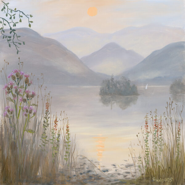Lake District art Print by Jeff Sudders Thistles on the Shore of Derwentwater. A calm view of the lake near Keswick looking over towards Castle Crag - King's How and Nitting Haws