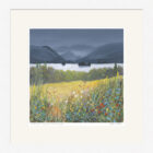 Lake District Art framed print Wildflower Whispers Derwentwater by Jeff Sudders in a white frame.