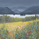 Print by Lake District artist Jeff Sudders. Wild Flower Whispers Derwentwater. A contemporary contrasting landscape with a bright floral foreground and dark sky and mountains Castle Crag