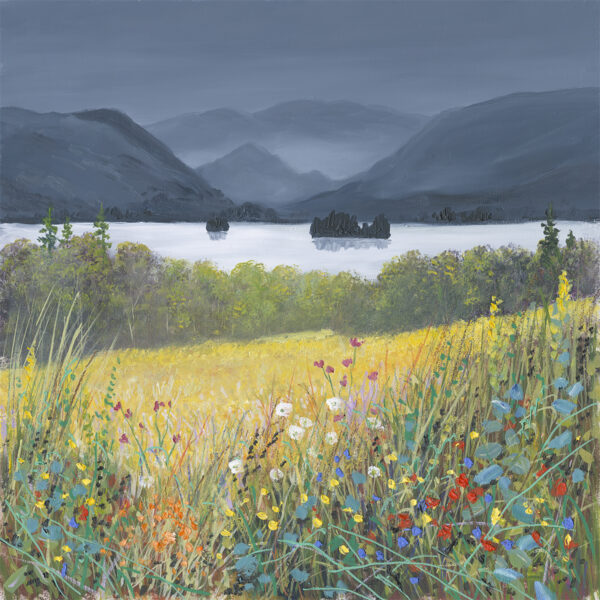 Print by Lake District artist Jeff Sudders. Wild Flower Whispers Derwentwater. A contemporary contrasting landscape with a bright floral foreground and dark sky and mountains Castle Crag