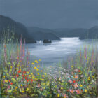 Print by Lake District artist Jeff Sudders. Wild Flower Whispers Ullswater. A contemporary contrasting landscape with a bright floral foreground and dark sky and mountains Near Place Fell