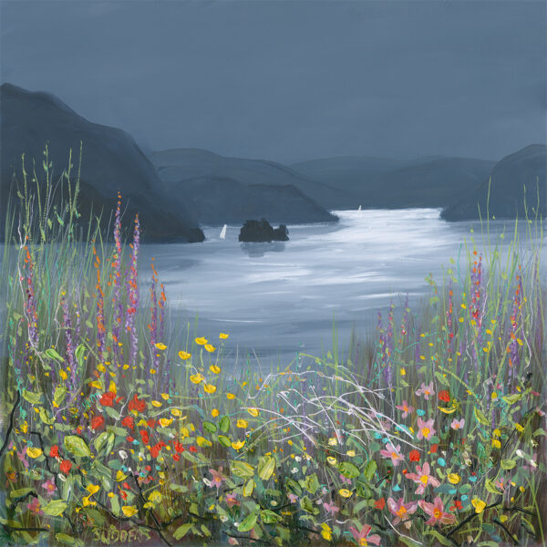 Print by Lake District artist Jeff Sudders. Wild Flower Whispers Ullswater. A contemporary contrasting landscape with a bright floral foreground and dark sky and mountains Near Place Fell