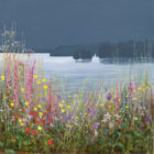 Print by Lake District artist Jeff Sudders. Wild Flower Whispers Windermere. A contemporary contrasting landscape with a bright floral foreground and dark sky and mountains silhouettes.