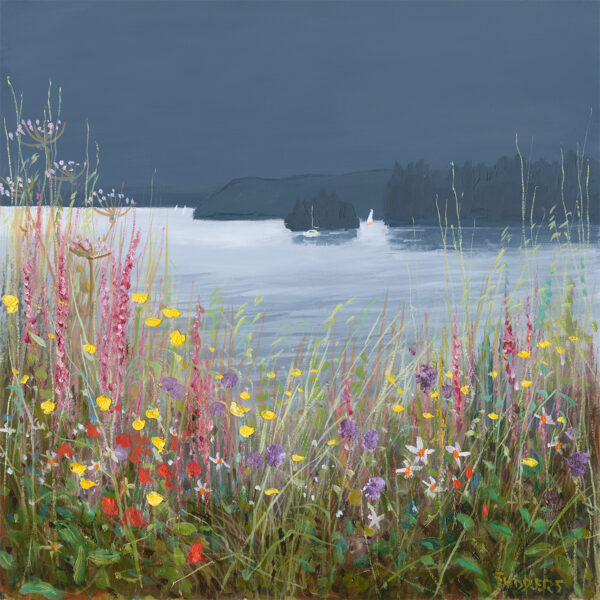 Print by Lake District artist Jeff Sudders. Wild Flower Whispers Windermere. A contemporary contrasting landscape with a bright floral foreground and dark sky and mountains silhouettes.