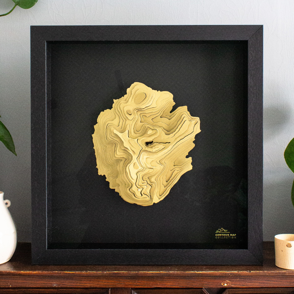 Helvellyn Gold and Black - Aerial View of Helvellyn by Contour Map Collection laser cut polished handmade craft brass aerial artwork of helvellyn striding edge red tarn in cumbria framed 3D art lake district art contour map collection holly Clifford