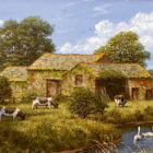 original oil painting by edward hersey of traditional quiant english countryside with cows grazing swans and farmyard barns during summer by the water