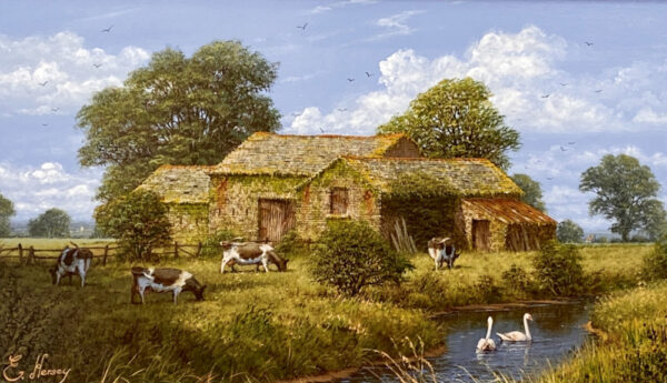 original oil painting by edward hersey of traditional quiant english countryside with cows grazing swans and farmyard barns during summer by the water