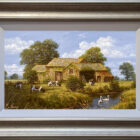 original oil painting by edward hersey of traditional quiant english countryside with cows grazing swans and farmyard barns during summer by the water in pewter frame