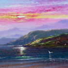 Original oil painting by Andrew Grant Kurtis. Richly coloured sunset sky over Lake District mountains reflected in the Rydal Water, Grasmere.