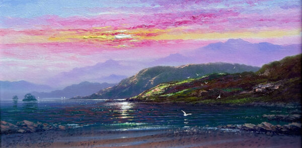 Original oil painting by Andrew Grant Kurtis. Richly coloured sunset sky over Lake District mountains reflected in the Rydal Water, Grasmere.