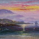 lake district art by andrew grant kurtis of a lakelands cene with a vibrant peachy sunset and misty foreground