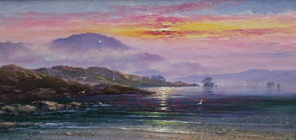 lake district art by andrew grant kurtis of a lakelands cene with a vibrant peachy sunset and misty foreground