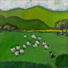 Original oil painting by David Alderman of a stand off between a flock of sheep and the sheep dog.
