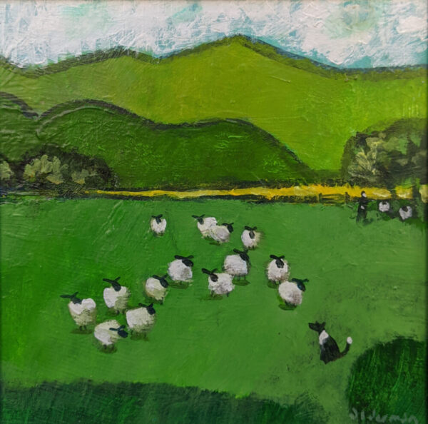 Original oil painting by David Alderman of a stand off between a flock of sheep and the sheep dog.
