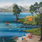 original acrylic painting of lake district summer scene with joyful wild swimming camping canoeing and family picnics by anne blundell